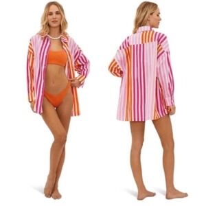 Beach Riot Alexa Top Pink Orange Sunset Stripe Tunic Button Down S/M Coverup New